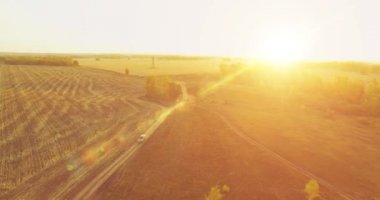 UHD 4K hava görüntüsü. Sarı kırsal alan ve toprak yol üzerinde orta-uçuş