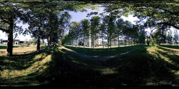 UHD 4K 360 VR Realidade Virtual de uma área de recreação do parque da cidade. Árvores e grama verde no outono ou no dia de verão — Vídeo de Stock