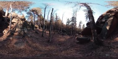 4K 360 VR sonbahar zamanındaki güzel bir dağ manzarasının sanal gerçekliği. Vahşi Sibirya Dağları.