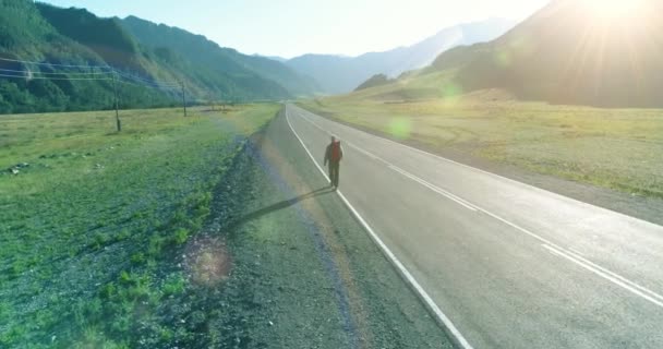 Asfalt yolda yürüyen otostopçu turist üzerinden uçuş. Yaz günü büyük bir kırsal vadi. Sırt çantalı gezgin.. — Stok video