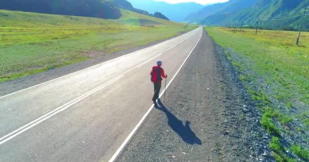 Asfalt yolda yürüyen otostopçu turist üzerinden uçuş. Yaz günü büyük bir kırsal vadi. Sırt çantalı gezgin.. — Stok video