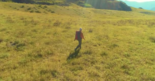 Sırt çantasıyla gezen turist yeşil dağ tarlasında yürüyor. Yaz günü büyük kırsal vadi. — Stok video