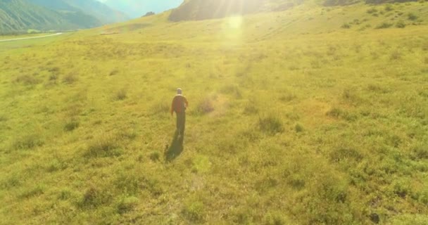 Sırt çantasıyla gezen turist yeşil dağ tarlasında yürüyor. Yaz günü büyük kırsal vadi. — Stok video