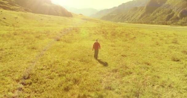 Volo sopra Zaino escursionistico turistico passeggiando attraverso il campo di montagna verde. Enorme valle rurale al giorno d'estate. — Video Stock