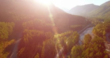 Güneşli yaz sabahında taze dağ nehri ve çayır üzerinde uçuşun ortasında. Aşağıdaki kırsal toprak yol.
