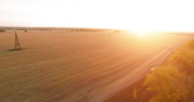 UHD 4K hava görüntüsü. Sarı kırsal alan ve toprak yol üzerinde orta-uçuş
