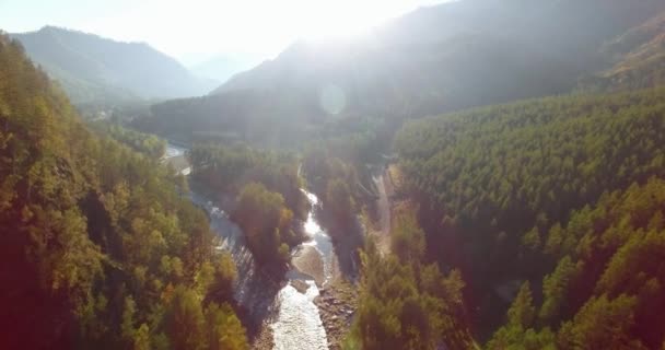 Vôo a meio do ar sobre o rio e o prado frescos da montanha na manhã ensolarada do verão. Estrada de terra rural abaixo. — Vídeo de Stock