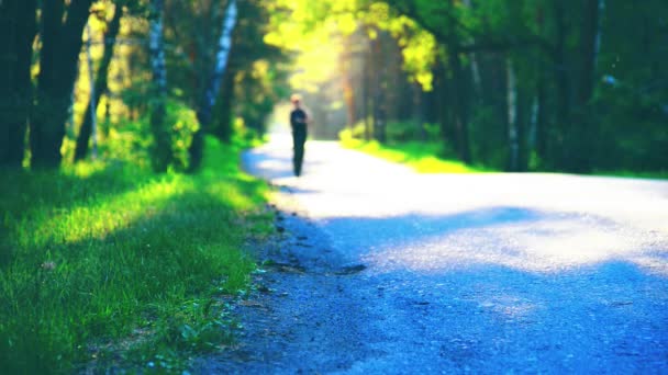 Homem do desporto a correr na estrada de asfalto. Parque rural da cidade. Floresta de árvore verde e raios de sol no horizonte. — Vídeo de Stock