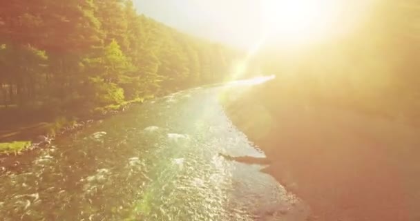 Vuelo en medio del aire sobre un río de montaña fresco y limpio en la soleada mañana de verano — Vídeos de Stock