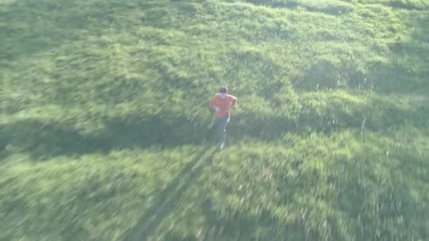 Let přes sportovní muž běží na perfektní zelené trávě venkovské louky froad. Západ slunce v horách. Syrová rovná barva, bez korekce. — Stock video