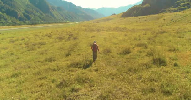 Vlucht over rugzak wandelen toerist wandelen over groene berggebied. Enorme landelijke vallei op zomerdag. — Stockvideo