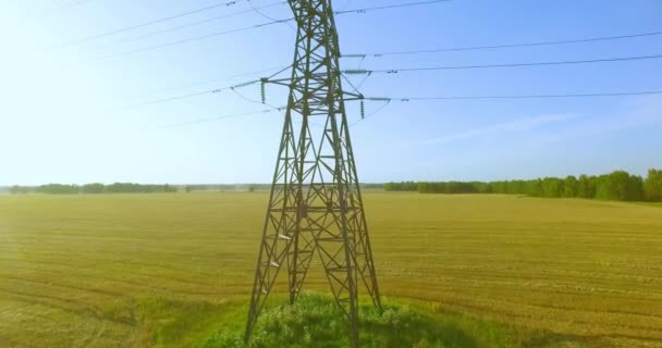 Verticale bewegingsvlucht in de buurt van hoogspanningstoren en hoogspanningsleidingen op groen en geel veld — Stockvideo