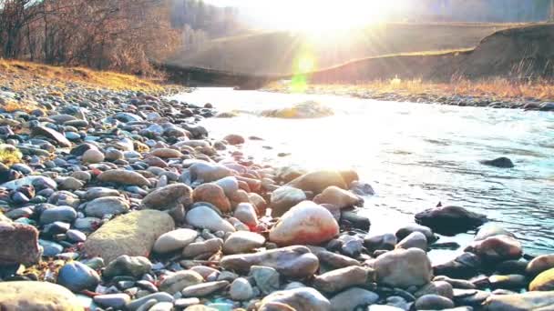 森の近くの山の川で水しぶきのドリースライダーショット。ぬれた岩や太陽の光線。水平安定運動. — ストック動画