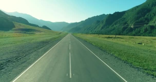 山岳道路上の航空低空の飛行と夏の朝の牧草地. — ストック動画