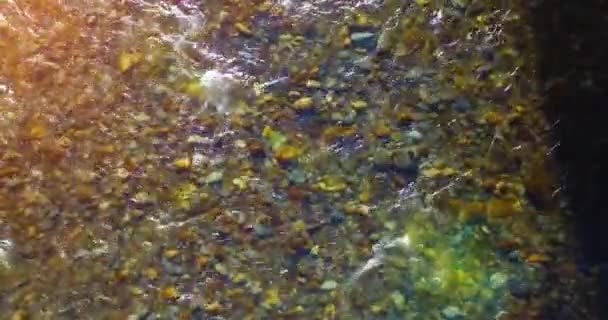 Mid air flight over fresh and clean mountain river at sunny summer morning. Top view and horizontal movement — Stock Video