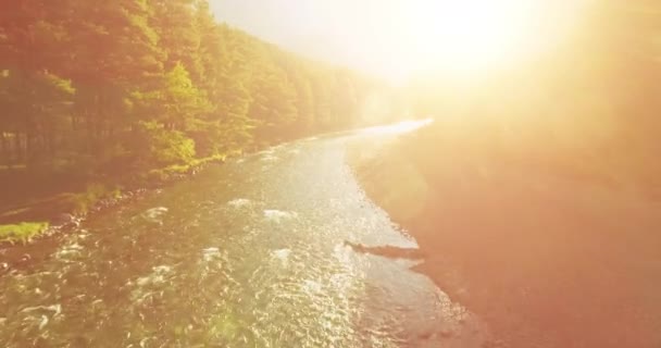 Volo in aria sul fiume di montagna fresco e pulito al soleggiato mattino d'estate — Video Stock