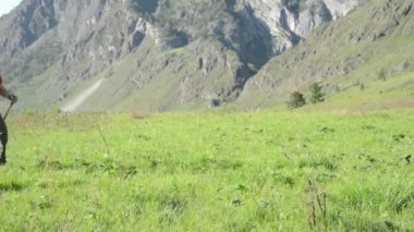 Sırt çantası ile yeşil dağ çayır üzerinde yürüyen adam hiking. Yaz spor ve eğlence kavramı.