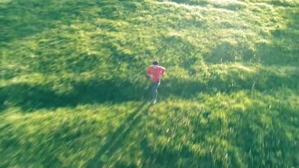 Vlucht over de sportieve man loopt op perfecte groene gras landelijke weide offroad. Zonsondergang in Bergen — Stockvideo