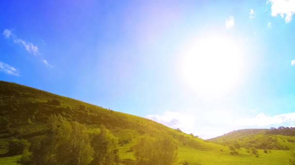 4K UHD mountain meadow timelapse at the summer. Clouds, trees, green grass and sun rays movement. — Stock Video