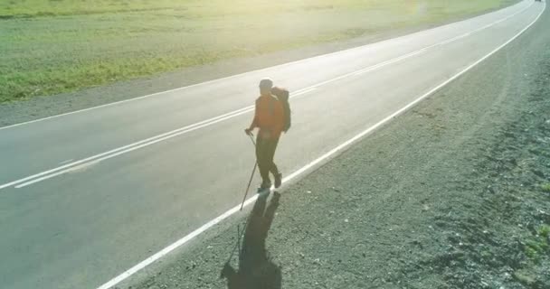 Repülés egy stoppos turista felett, aki aszfalt úton sétál. Hatalmas vidéki völgy a nyári napokon. Hátizsákos túrázó.. — Stock videók