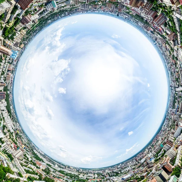 Aerial city view with crossroads and roads, houses, buildings, parks and parking lots. Sunny summer panoramic image — Stock Photo, Image