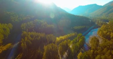 Güneşli yaz sabahında taze dağ nehri ve çayır üzerinde uçuşun ortasında. Aşağıdaki kırsal toprak yol.
