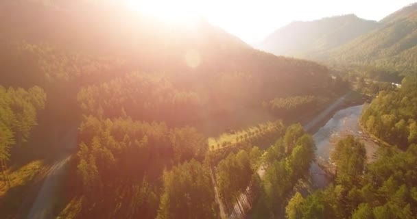 Midden in de lucht vlucht over verse bergrivier en weide op zonnige zomerochtend. Landelijke onverharde weg onder. — Stockvideo