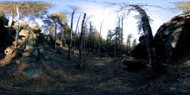 4K 360 VR sonbahar zamanındaki güzel bir dağ manzarasının sanal gerçekliği. Vahşi Sibirya Dağları.