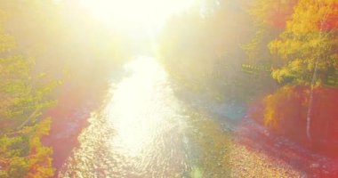 Havadan Uhd 4k görünümü. Taze dağ nehir üzerinde uçuş. Dikey yatay tilt hareketi olarak.