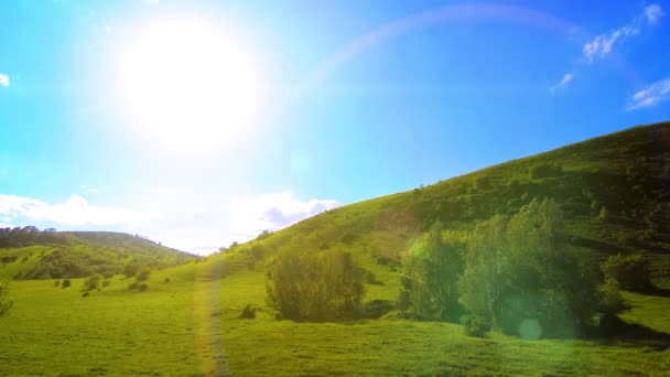 4K UHD montagna prato timelapse durante l'estate. Nuvole, alberi, erba verde e raggi del sole movimento. — Video Stock