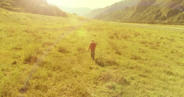Voo sobre mochila caminhadas turista caminhando através de campo de montanha verde. Vale rural enorme no dia de verão. — Vídeo de Stock