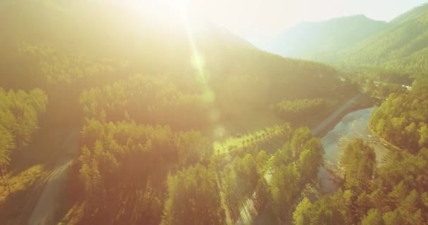 Mittlerer Luftflug über frischem Gebirgsfluss und Wiese am sonnigen Sommermorgen. Schotterpiste unten. — Stockvideo