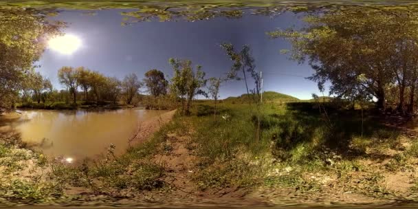UHD 4K 360 VR Εικονική πραγματικότητα ενός ποταμού ρέει πάνω από βράχους σε όμορφο ορεινό δασικό τοπίο — Αρχείο Βίντεο