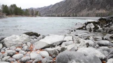 Dolly ormanın yakınındaki bir dağ nehrinde akan suyun kaygan görüntüsü. Islak kayalar ve güneş ışınları. Yatay sabit hareket.