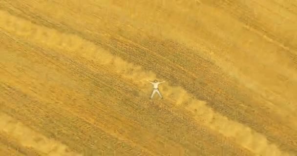 공중 볼 수 있습니다. 노란 보 리 밭에 누워 사람 수직 모션 비행 — 비디오