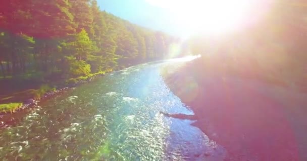 Vôo de ar médio sobre o rio de montanha fresco e limpo na manhã de verão ensolarada — Vídeo de Stock