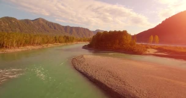 4k UHD vanuit de lucht gezien. Lage vlucht over frisse koude bergrivier op zonnige zomerochtend. Groene bomen en zonnestralen op horisont — Stockvideo