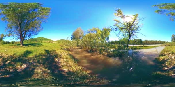 UHD 4K 360 VR La realidad virtual de un río fluye sobre rocas en un hermoso paisaje de bosque de montaña — Vídeos de Stock