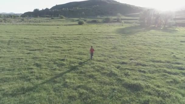 Terbang di atas olahraga pria di padang rumput hijau yang sempurna. Matahari terbenam di gunung. Warna datar . — Stok Video