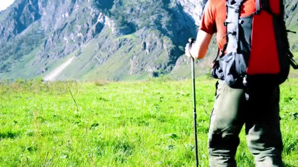 Senderismo hombre caminando en el prado de montaña verde con mochila. Verano deporte y recreación concepto . — Vídeo de stock