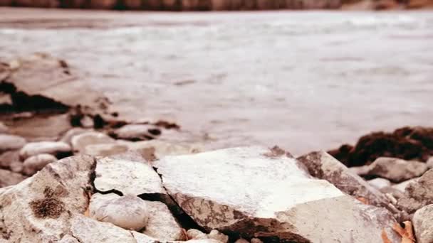 Dolly deslizador de tiro de las salpicaduras de agua en un río de montaña cerca del bosque. Rocas húmedas y rayos de sol. Movimiento horizontal constante. — Vídeo de stock