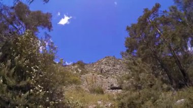 Yazın 4K UHD dağ zaman dilimi. Bulutlar yeşil ağaçları ve güneş ışınlarını hareket ettirir.