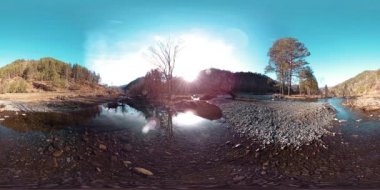Vahşi dağların, çam ormanlarının ve nehir akışlarının 360 VR sanal gerçekliği. Ulusal park, çayır ve güneş ışınları.