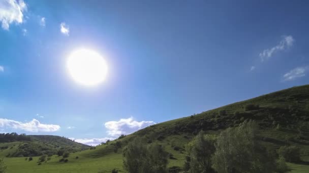 4K UHD山地草甸在夏天的时间。云彩、树木、绿草和太阳光的运动. — 图库视频影像