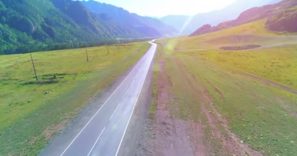 Vuelo sobre carretera asfaltada montaña carretera y prado — Vídeos de Stock