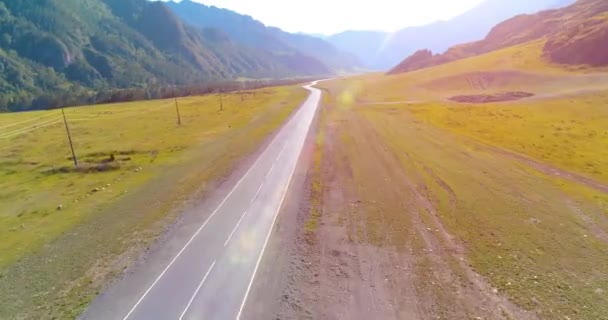 Vuelo sobre carretera asfaltada montaña carretera y prado — Vídeos de Stock