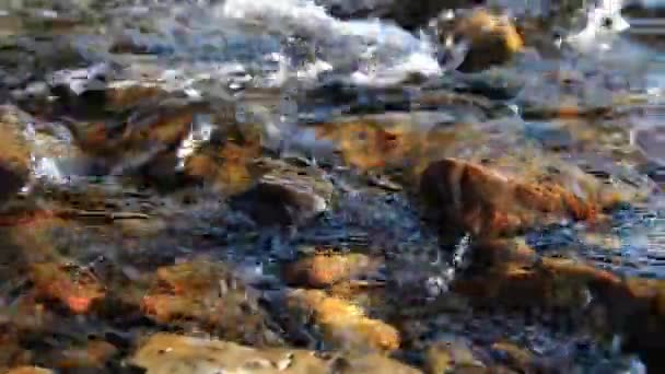 Dolly posuvník záběr stříkající vody v horské řece poblíž lesa. Mokré skály a sluneční paprsky. Vodorovný stálý pohyb. — Stock video