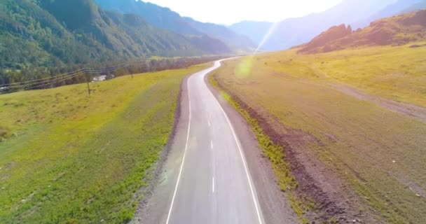 Repülés a hegyi aszfalt országút és rét felett — Stock videók