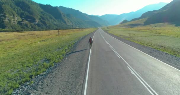 Flight over hitchhiker tourist walking on asphalt road. Huge rural valley at summer day. Backpack hiking guy. — Stock Video