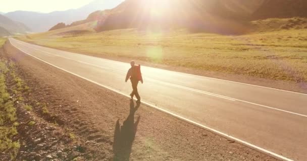 Vol au-dessus de l'auto-stoppeur touristique marchant sur la route asphaltée. Grande vallée rurale au jour d'été. Sac à dos randonneur gars. — Video